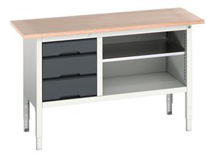 verso adj. height storage bench (mpx) with 3 drawer cab / mid shelf. WxDxH: 1500x600x830-930mm. RAL 7035/5010 or selected Verso Height Adjustable Work Storage and Packing Benches